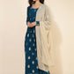 Janasya Women's Teal Blue Georgette Foil Printed Festive Flared Kurta Set | Swadesiicart