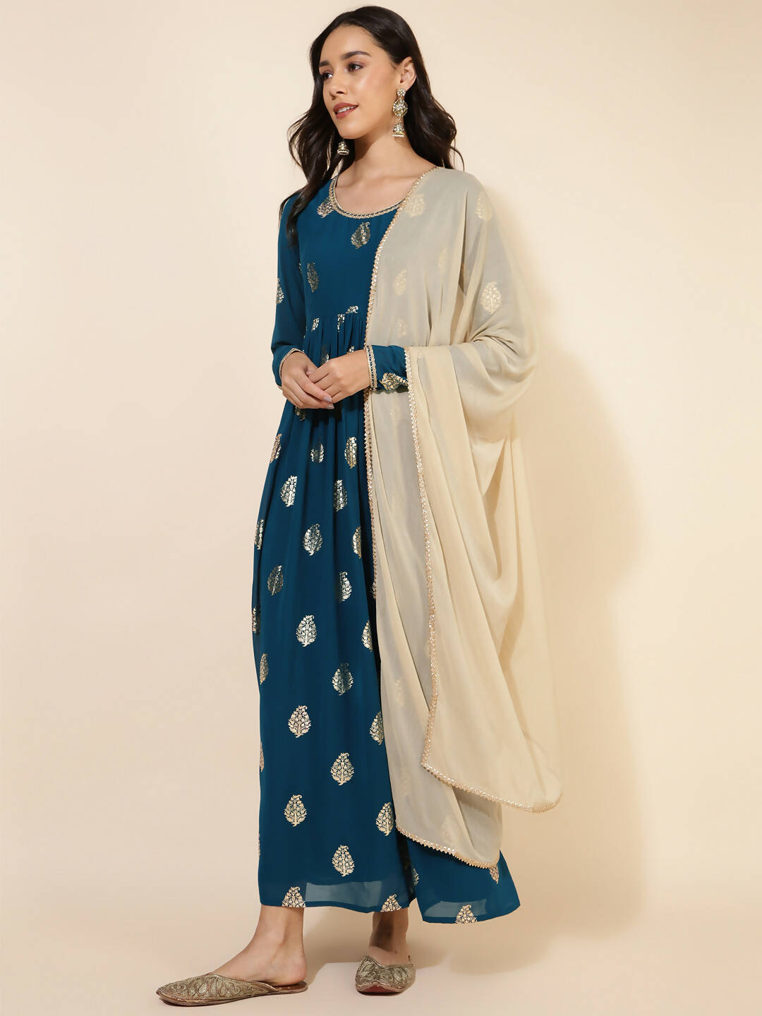 Janasya Women's Teal Blue Georgette Foil Printed Festive Flared Kurta Set | Swadesiicart