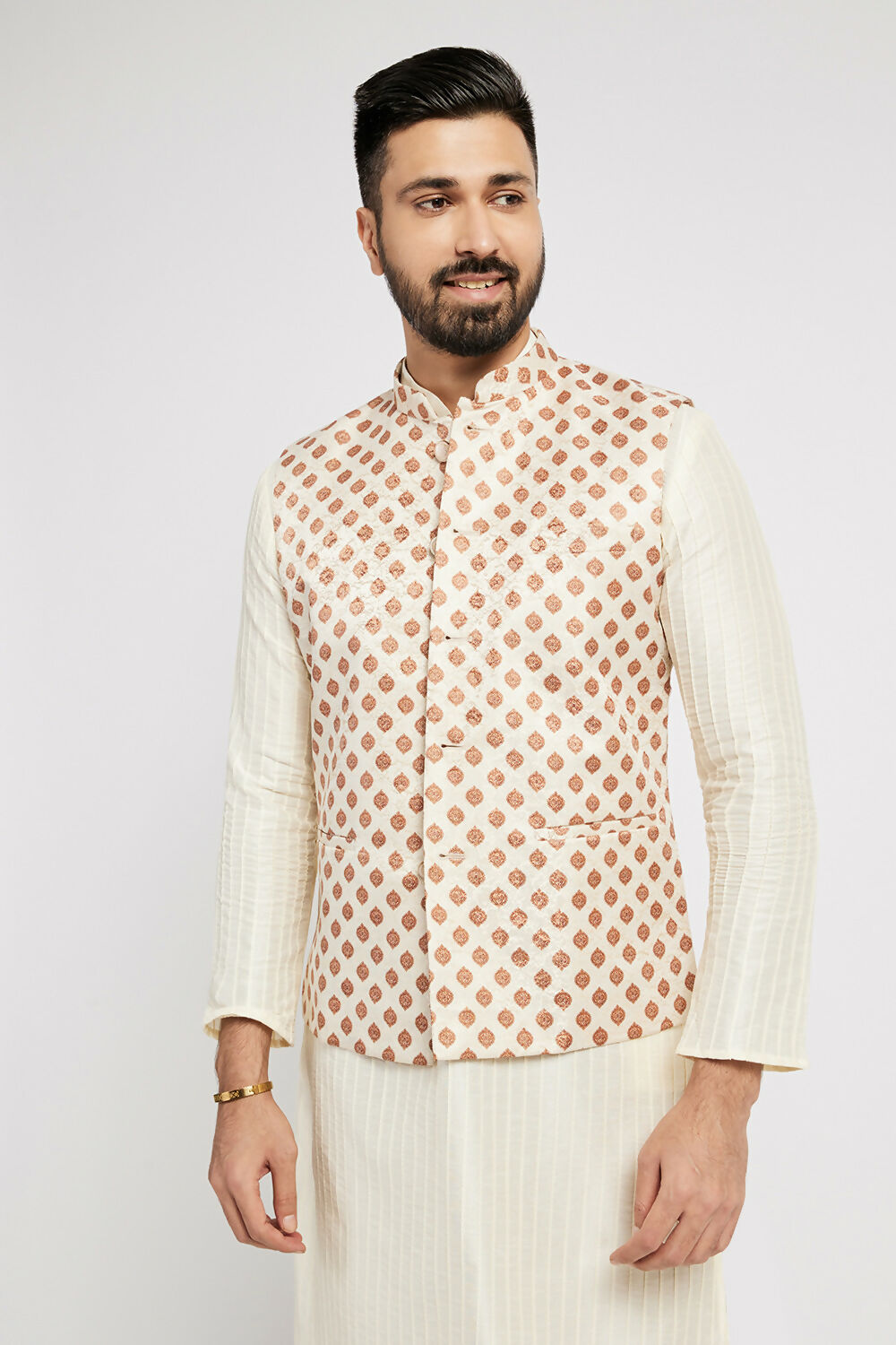 Ethnic India Cream Bundi Men's Jacket Geometric Polyester | Swadesiicart