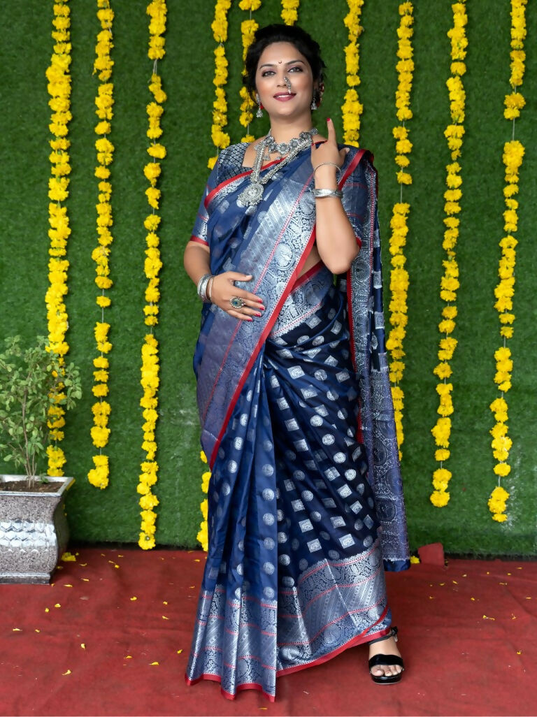Jyoti Fashion Women's Navy Blue Soft Handloom Silk Zari Woven Saree with Blouse | Swadesiicart