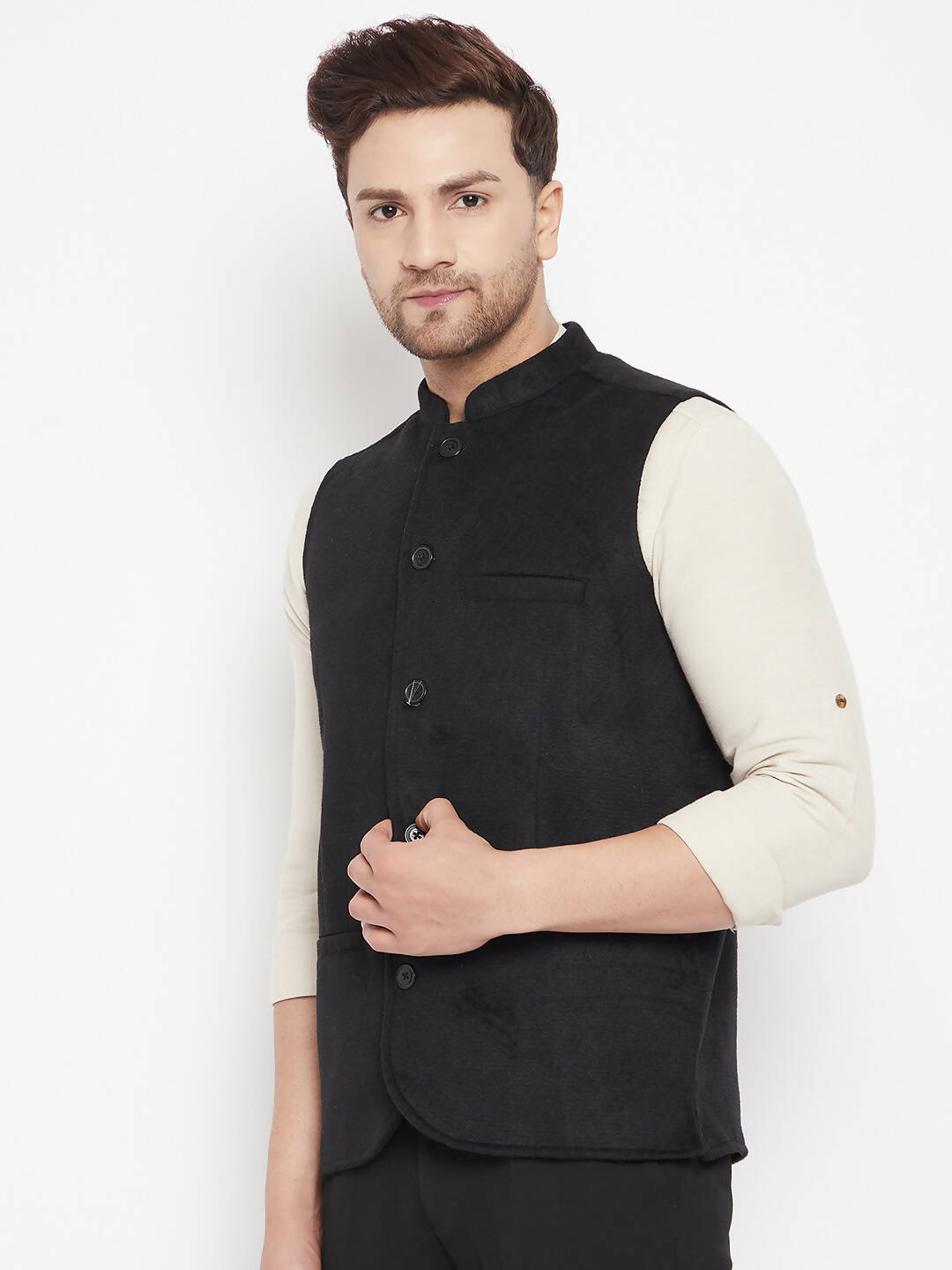 Even Apparels Black Wool Men Woven Nehru Jacket | Swadesiicart