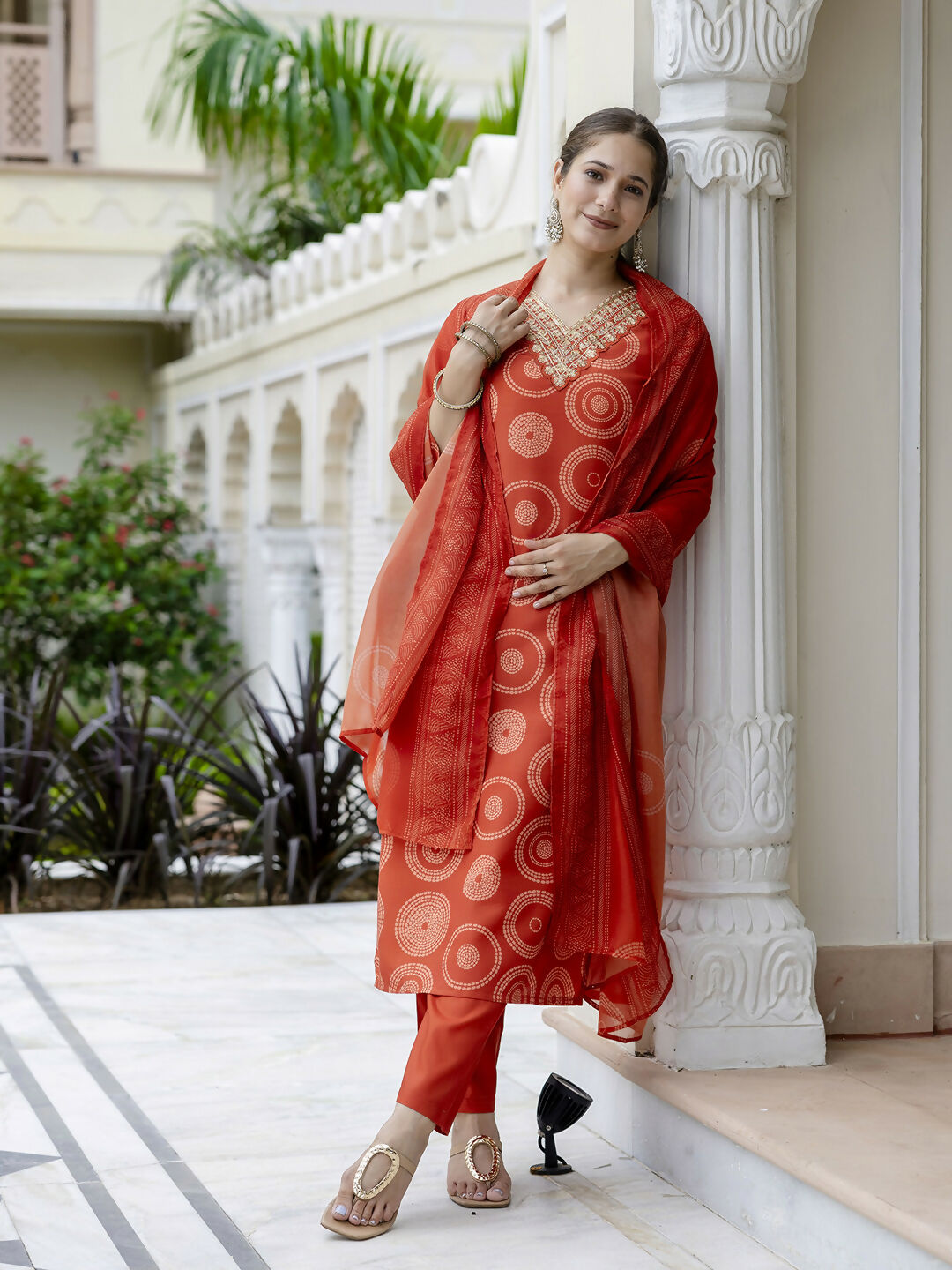 The52 Orange Women's Gorgeous Rayon Embroidered Straight Kurta with Pant And Dupatta Set - Swadesiicart