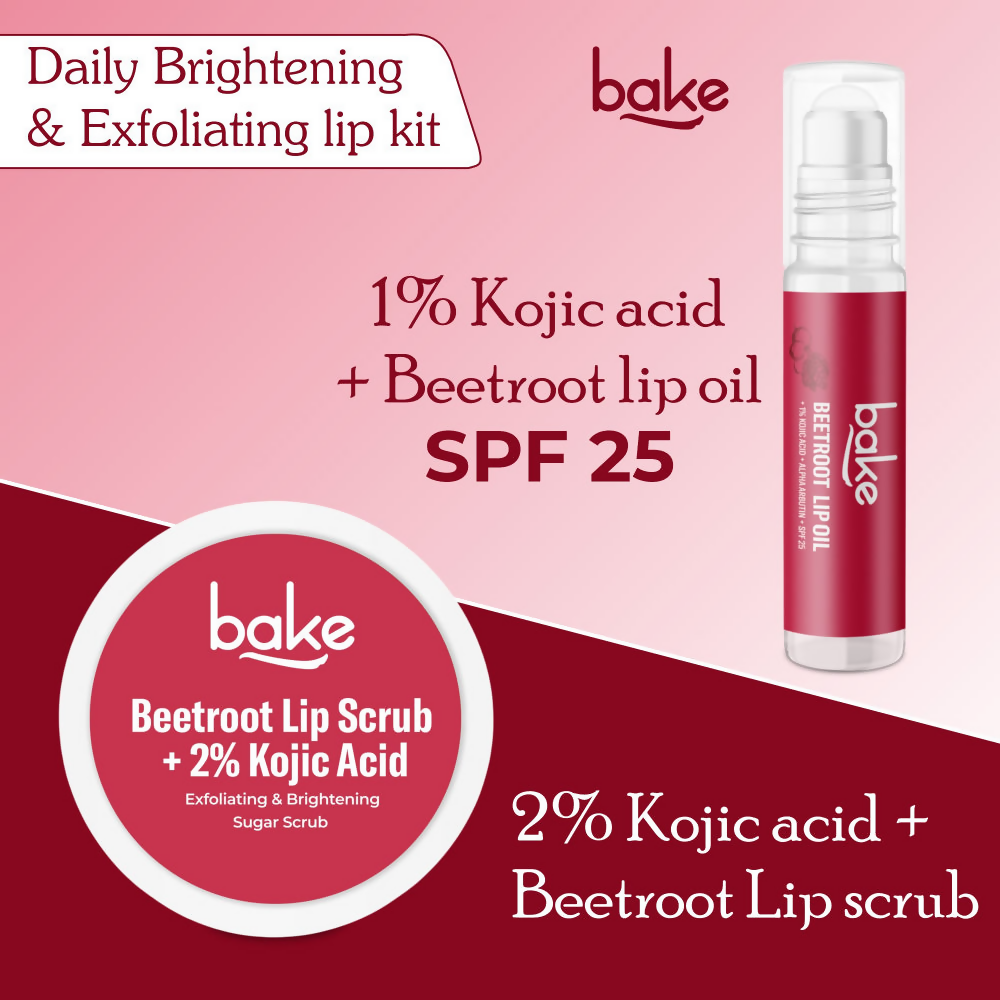 Bake Kojic Acid Beetroot Lip Kit With Lip Balm SPF 25 & Lip Scrub For Dark & Pigmented Lips | Swadesiicart