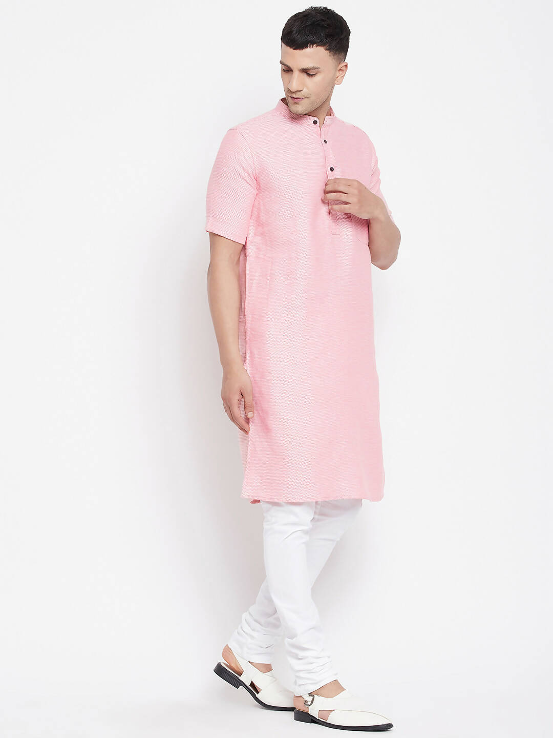 Even Apparels Pink Pure Cotton Men's H/S Kurta With Band Collar | Swadesiicart