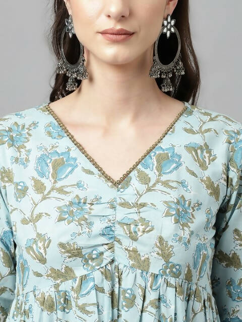 FIORRA Women's Sky Blue Pure Cotton Flared Kurta Set - Swadesiicart