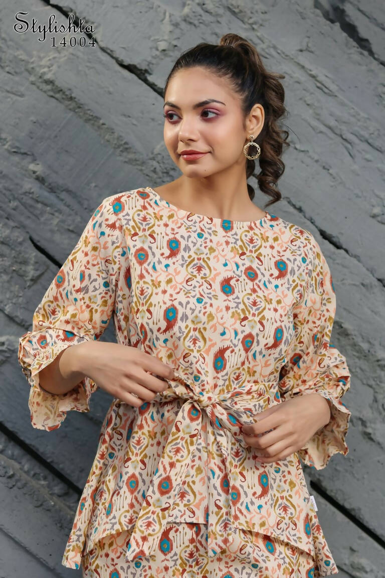 Women's Partywear Designer Cream & Multi Muslin co-ord set - Stylishta - Swadesiicart