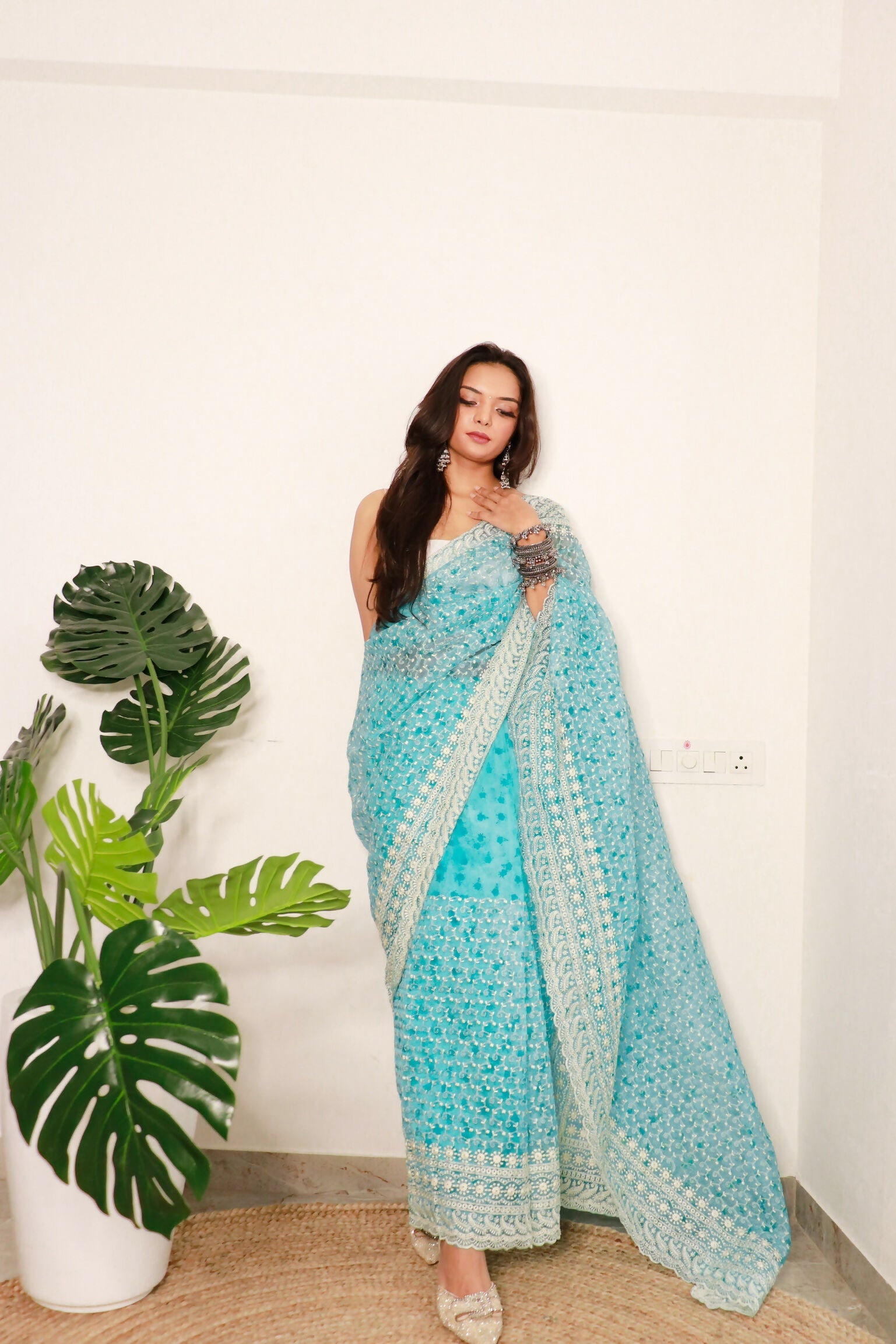 Vamsee Divya Sky Organza Saree - Swadesiicart
