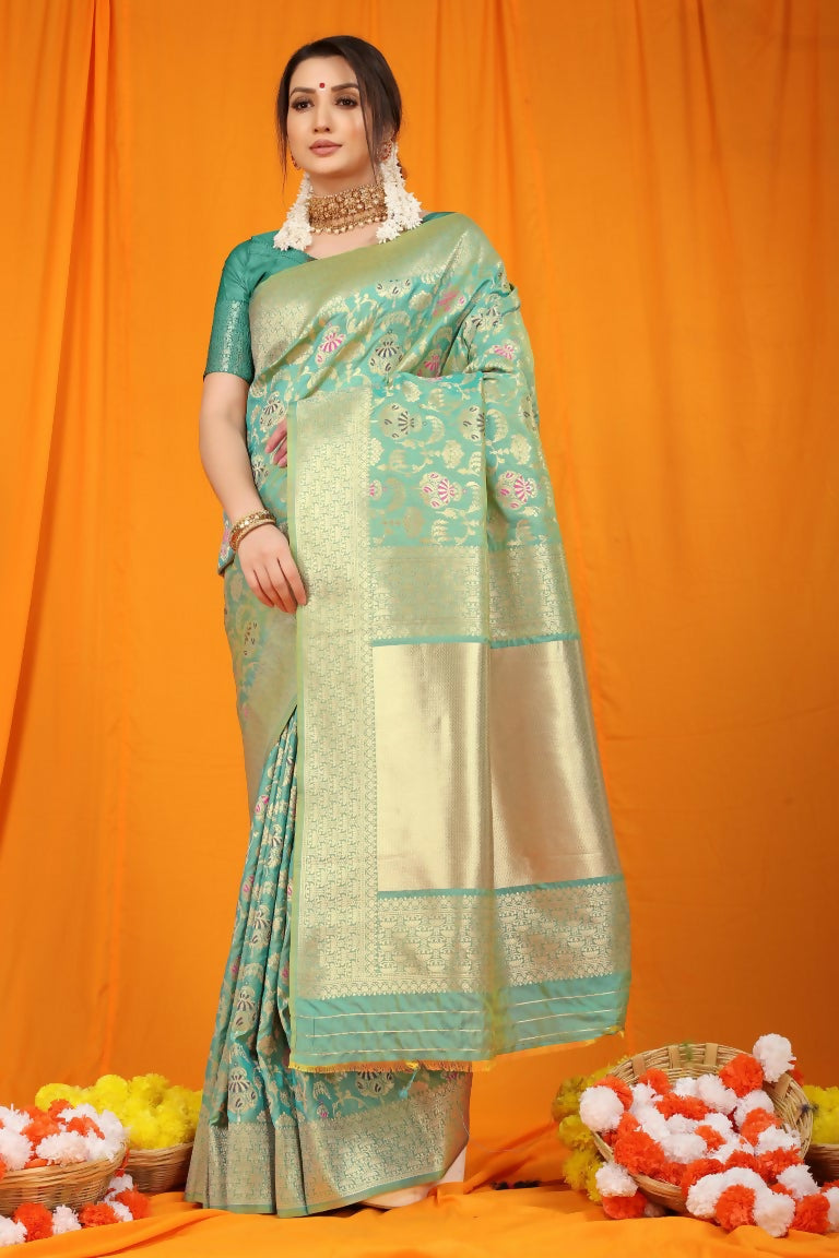 Jyoti Fashion Women's Sea Green Kanjivaram Silk Zari Woven Saree with Blouse | Swadesiicart