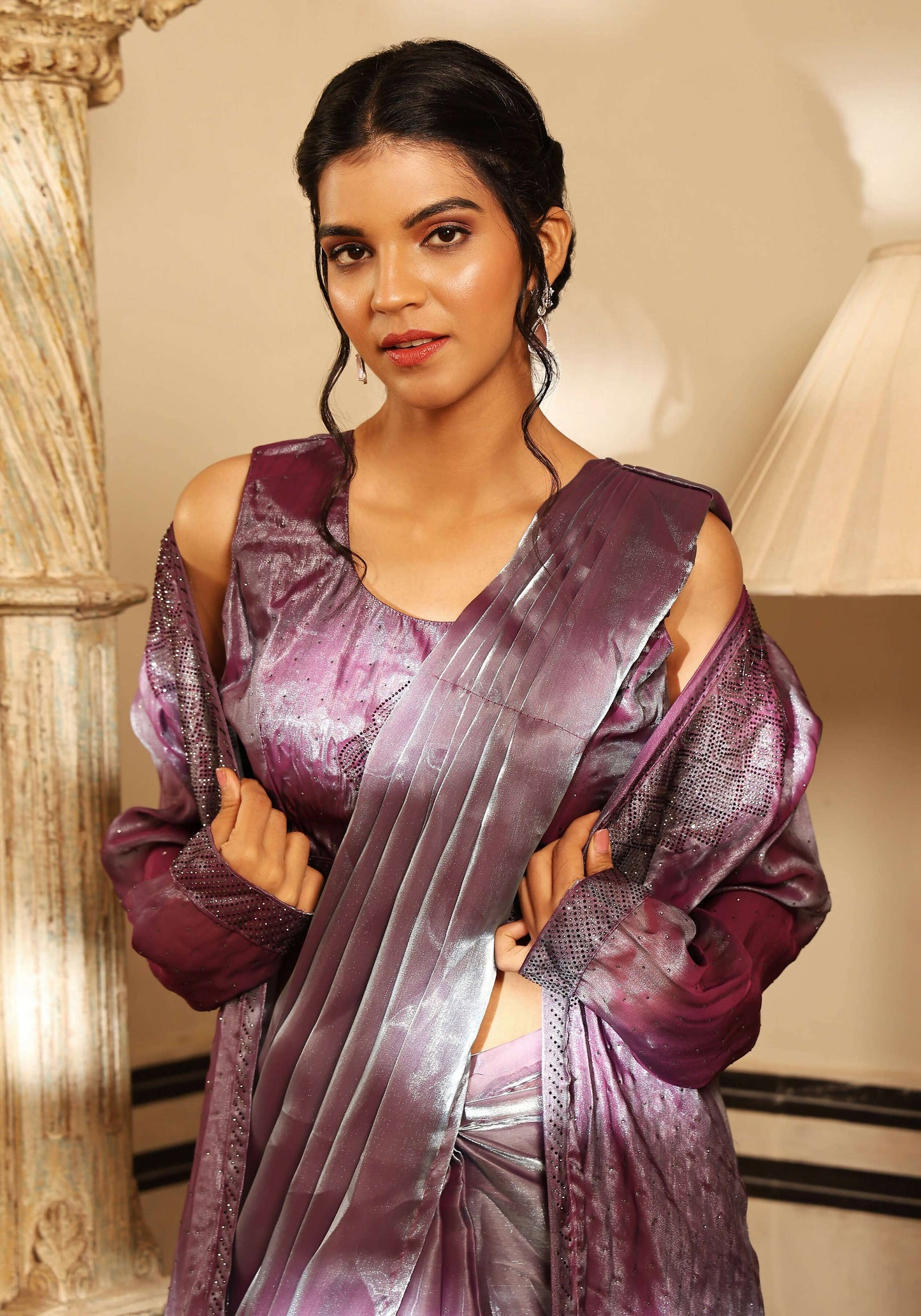 Lavender Tom Silk Plain Ready To Wear Saree With Stitched Blouse - Satiksha | Swadesiicart
