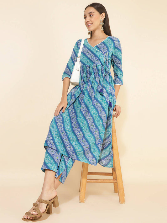 Janasya Women's Blue Cotton Bandhani Printed Casual Angrakha Co-ords - Swadesiicart