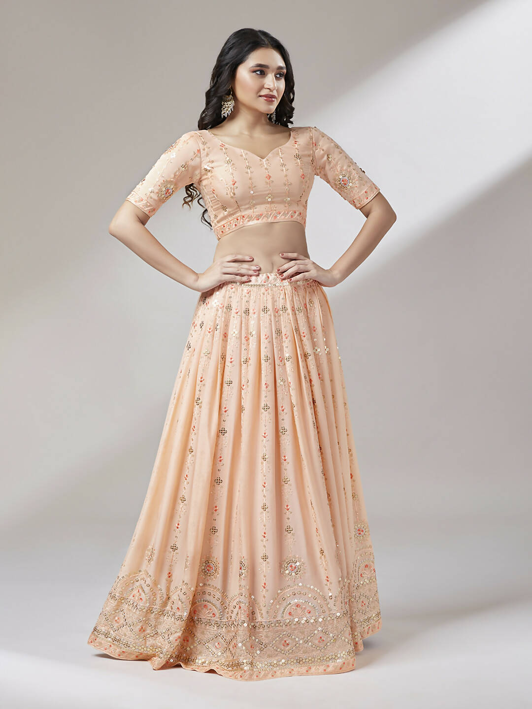 House of Panchhi Women Peach Pure Georgette Embroidered Lehenga & Blouse, Dupatta | Swadesiicart