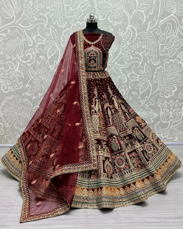 Jyoti Fashion Women's Maroon Velvet Fancy Dori & Sequins with Multi Thread Embroidered with Diamond Work Wedding Lehenga Choli | Swadesiicart