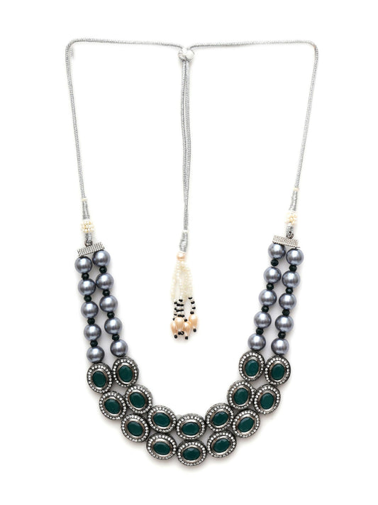 Green Stone Kundan Neckpiece with Grey Stones (Grey) - Ruby Raang | Swadesiicart