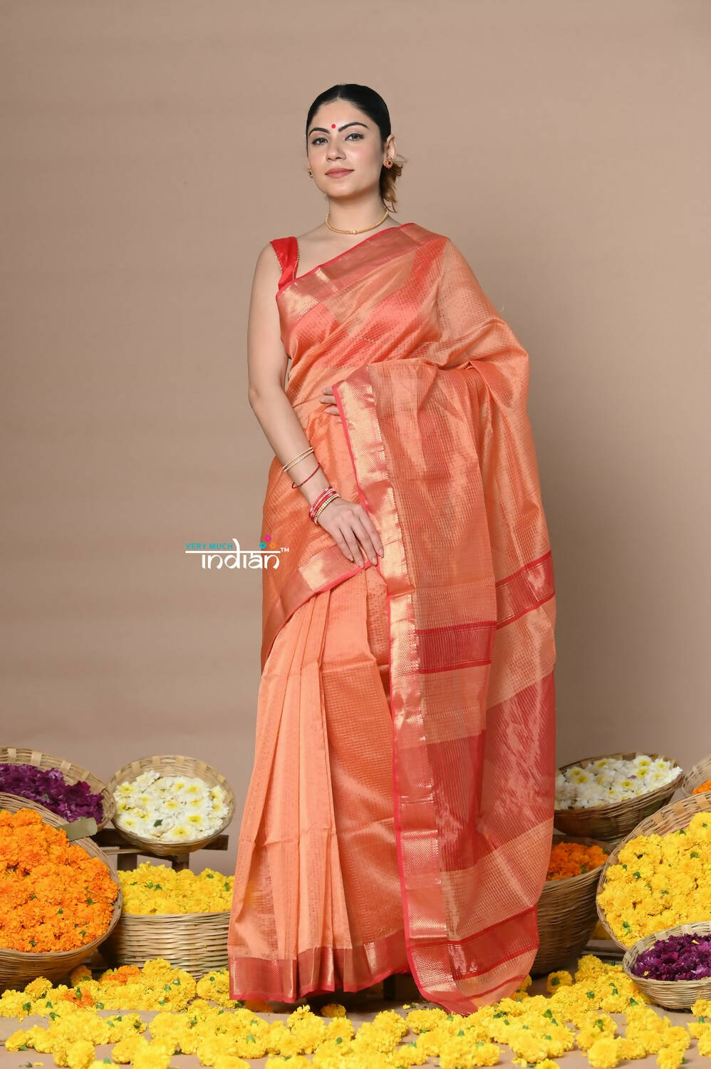 Very Much Indian Rajsi - Handloom Ari Checks Cotton Silk Saree With Golden Border - Orange | Swadesiicart