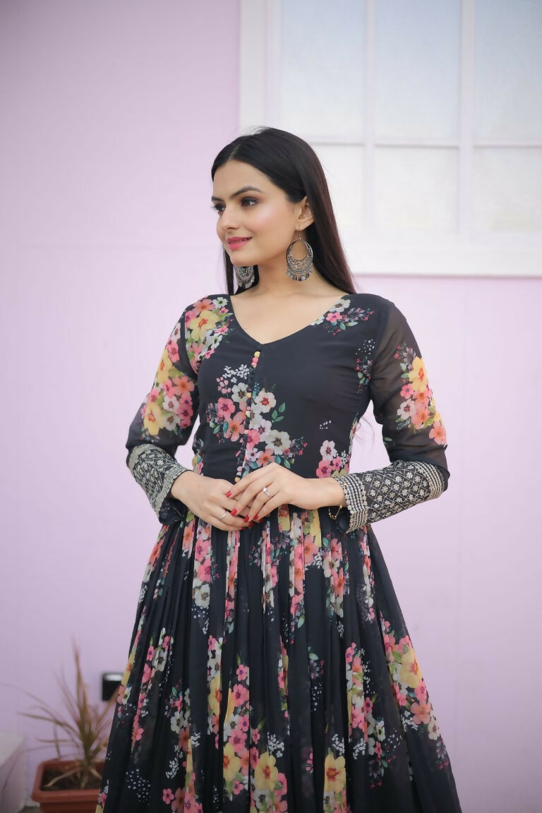 Jyoti Fashion Women's Black Digital Print with Sequence Zari Embroidered Faux Georgette Anarkali Dress | Swadesiicart