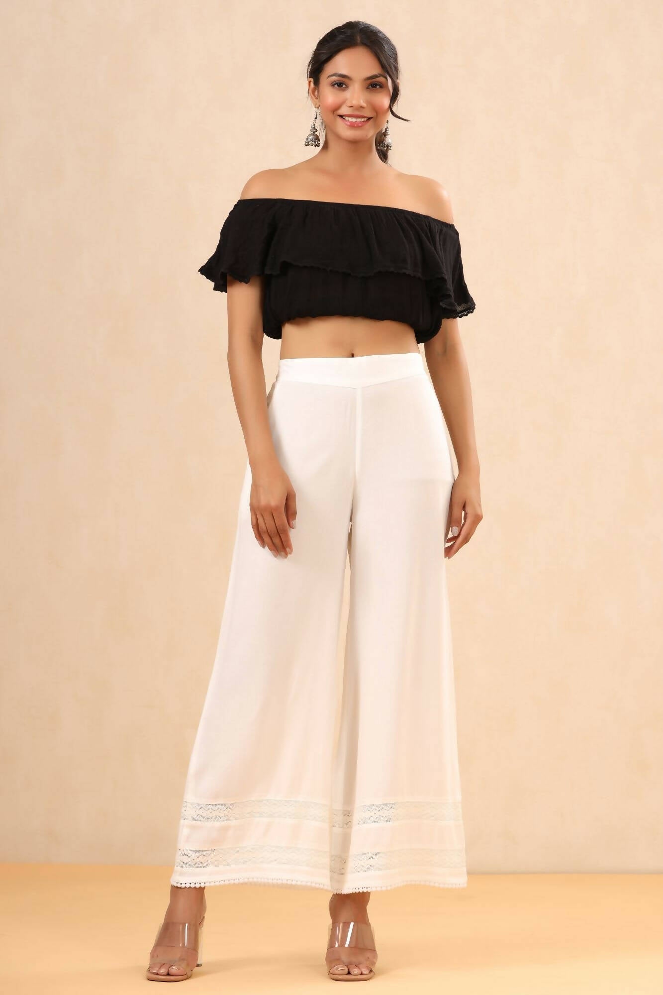 Juniper Women White Rayon Solid Straight Palazzo | Swadesiicart
