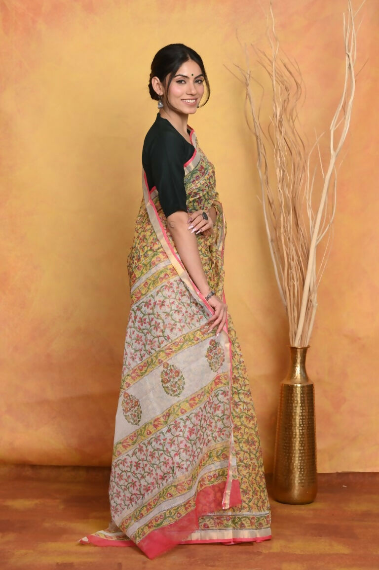 Very Much Indian Pure Kota Cotton Handblock Printed Saree - Yellow | Swadesiicart