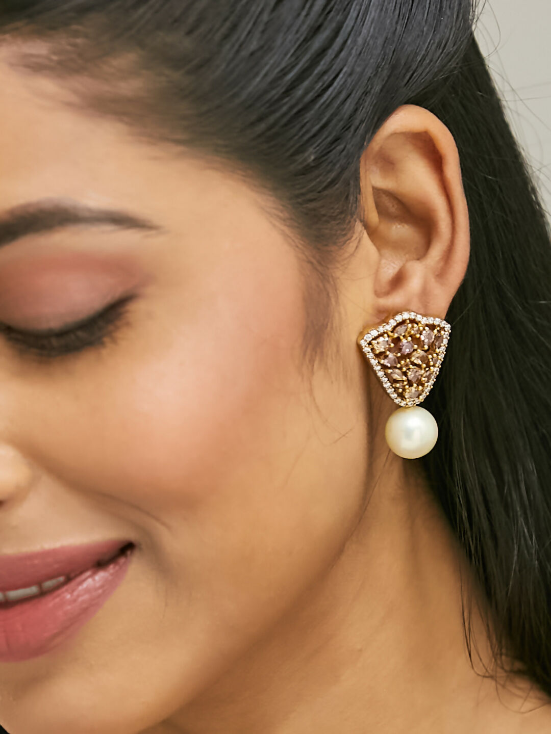 Nuyug 22K Gold-Plated Elegant Zircon Stone Studded & Pearls Drop Stud Earrings | Swadesiicart