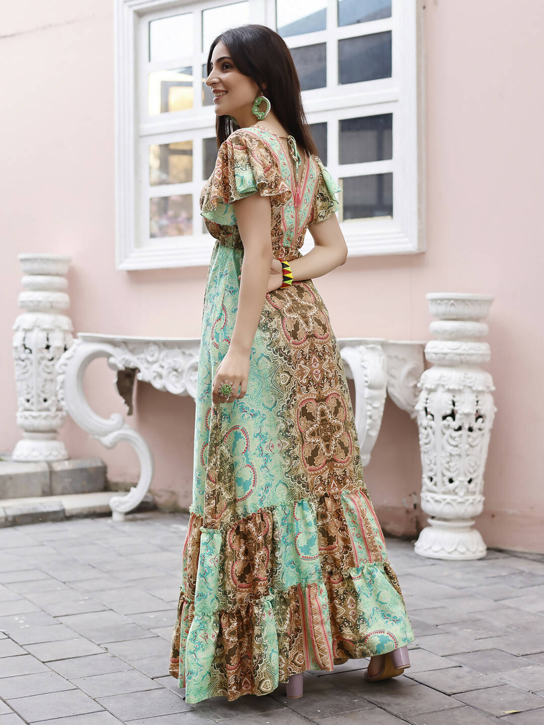 Sea Green Rayon Foil Printed Long Dress - Michan | Swadesiicart