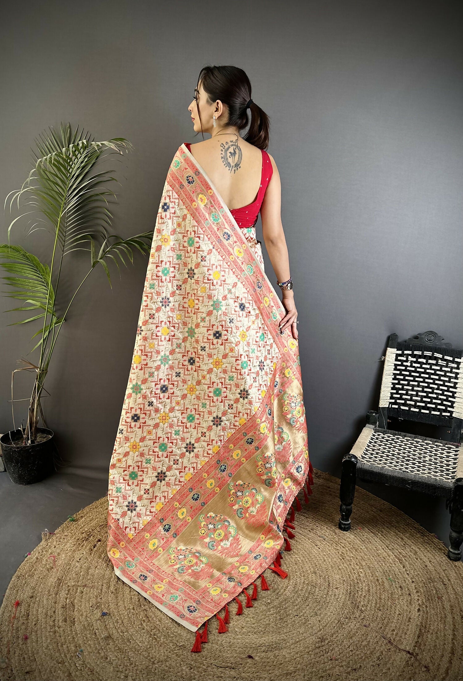 Joban Fashion Cream Banarasi Soft Silk Woven Saree | Swadesiicart
