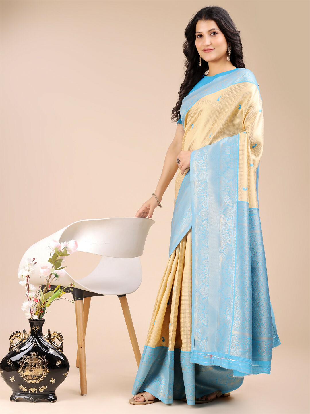 Astita Aura Silk Cream Sky Blue Banarasi Silk Saree | Swadesiicart