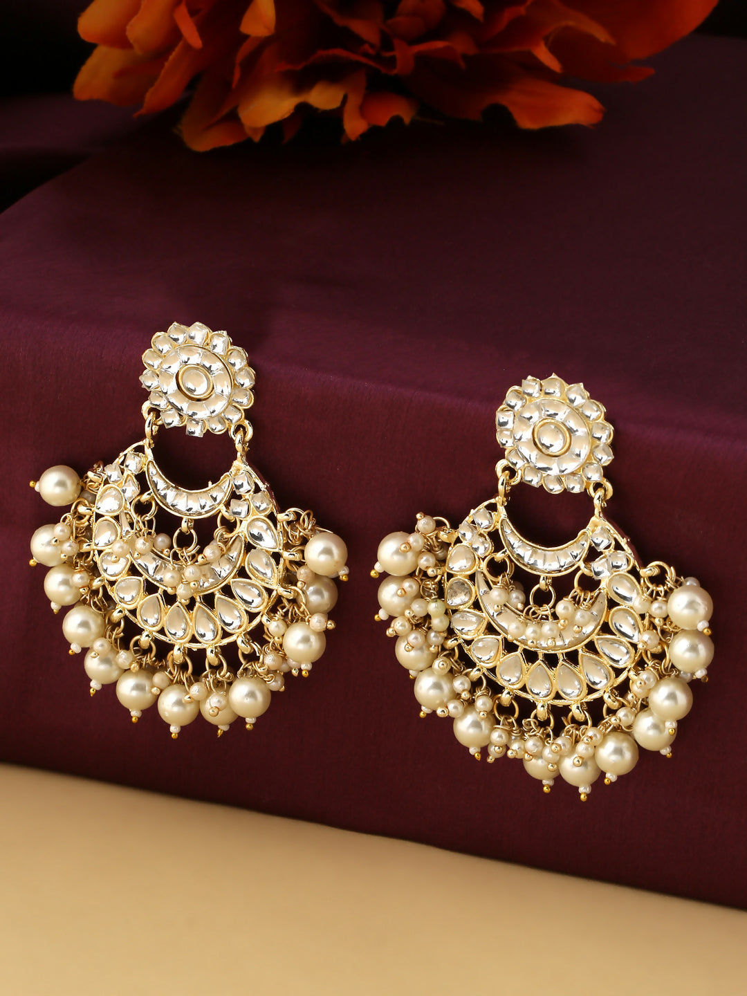 NVR Women Gold-Polished Studded Kundan Chandbali Earrings | Swadesiicart
