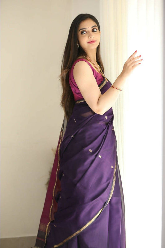 DEIANA'S Beautiful Designer Golden zari Soft Cotton Saree - Purple - Swadesiicart