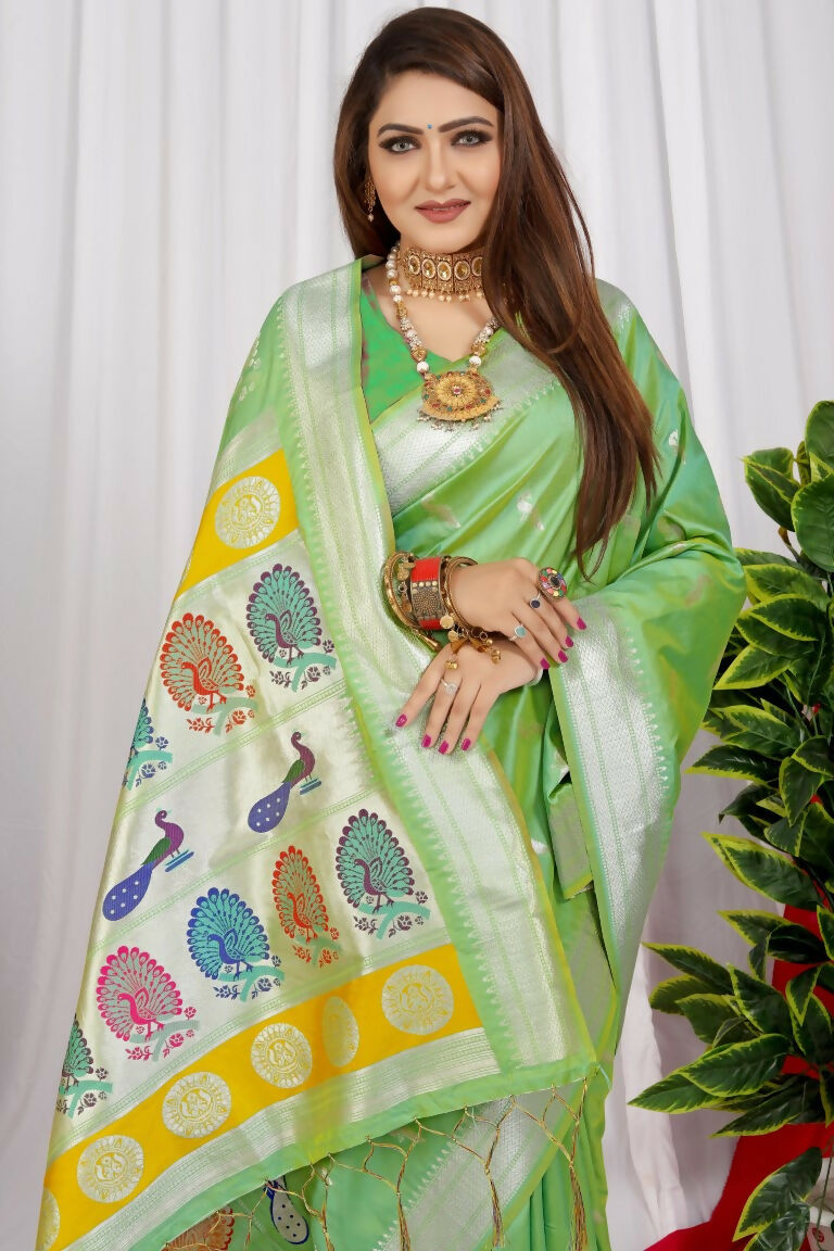 Jyoti Fashion Women's Sea Green Paithani Silk Zari Woven Saree with Blouse | Swadesiicart