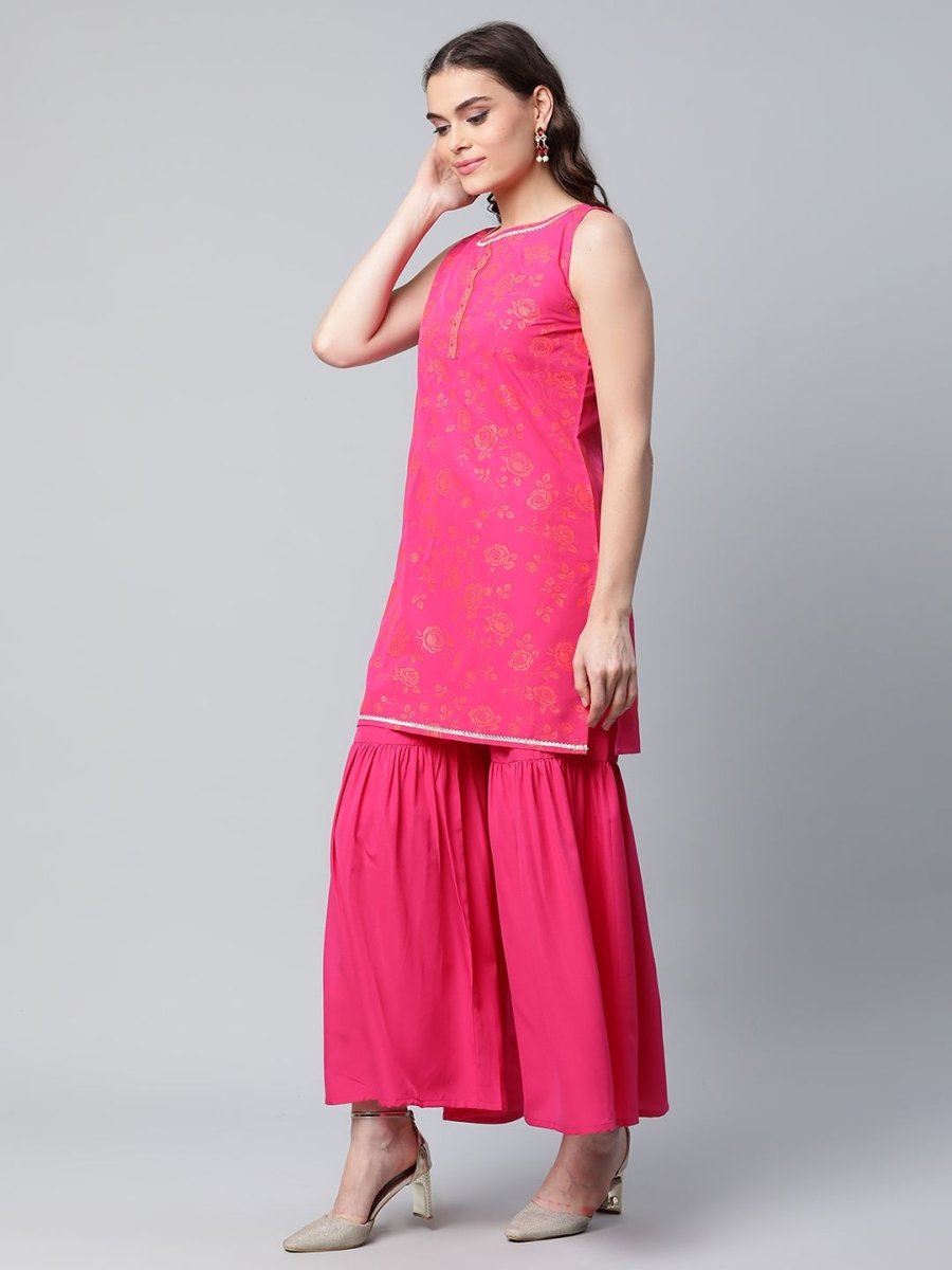 Ahalyaa Pink Crepe Orange khari Print Kurta Sharara Set With Dupatta | Swadesiicart