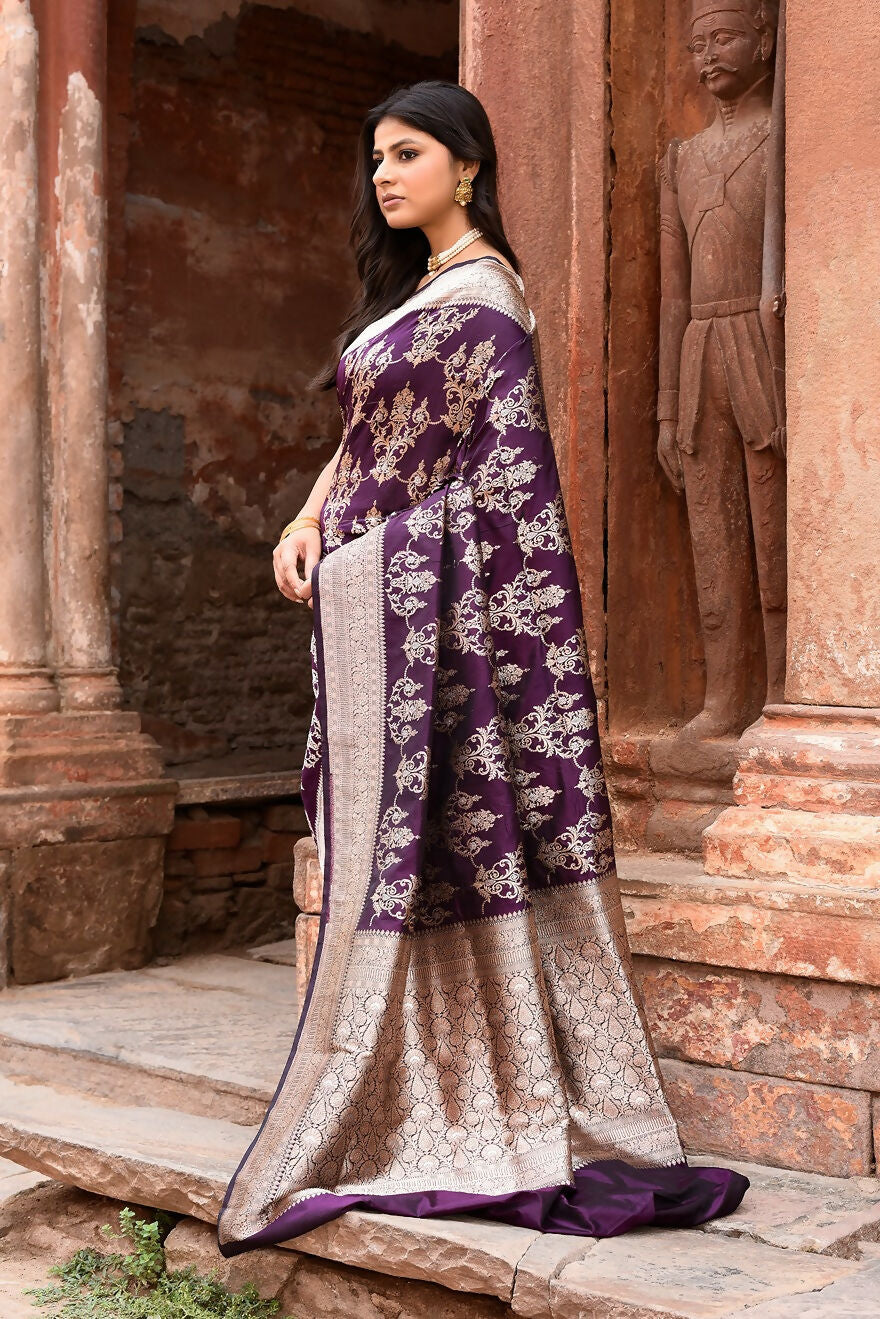 Joban Fashion Purple Pure Katan Pure Handloom Banarasi Silk Saree | Swadesiicart