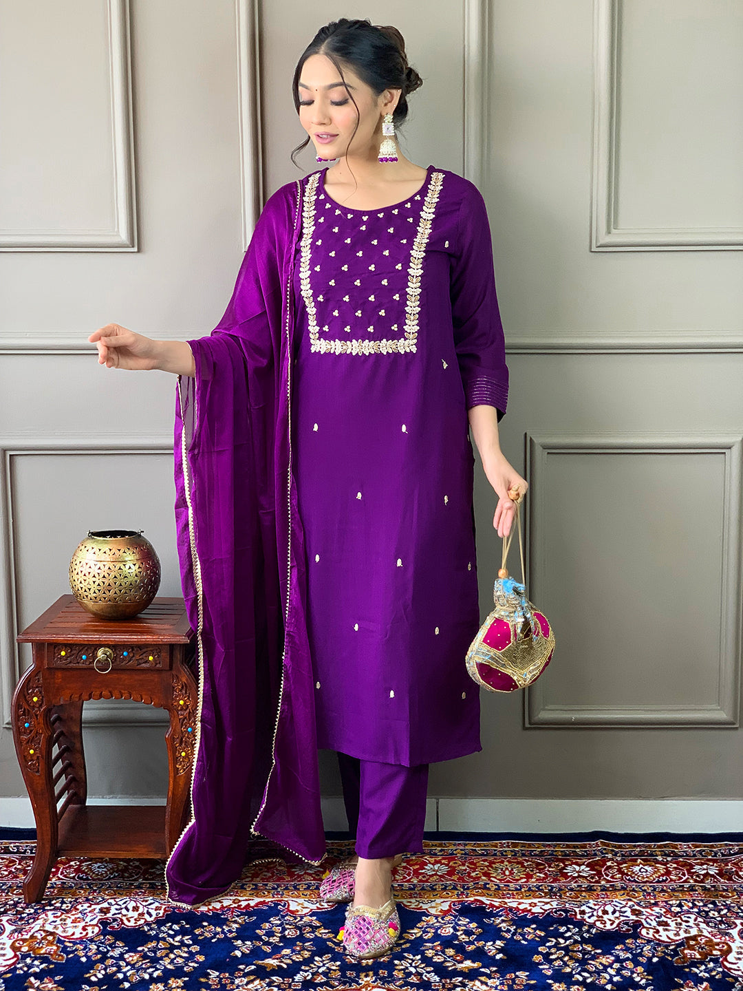 The52 Violet Rayon Slub Fabric Embroidered work Straight cut Kurta, Pant and Dupatta Set - Swadesiicart