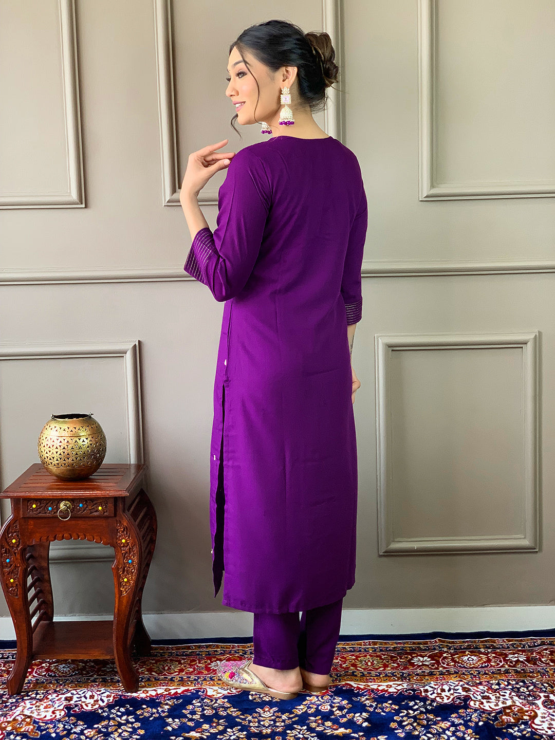 The52 Violet Rayon Slub Fabric Embroidered work Straight cut Kurta, Pant and Dupatta Set - Swadesiicart
