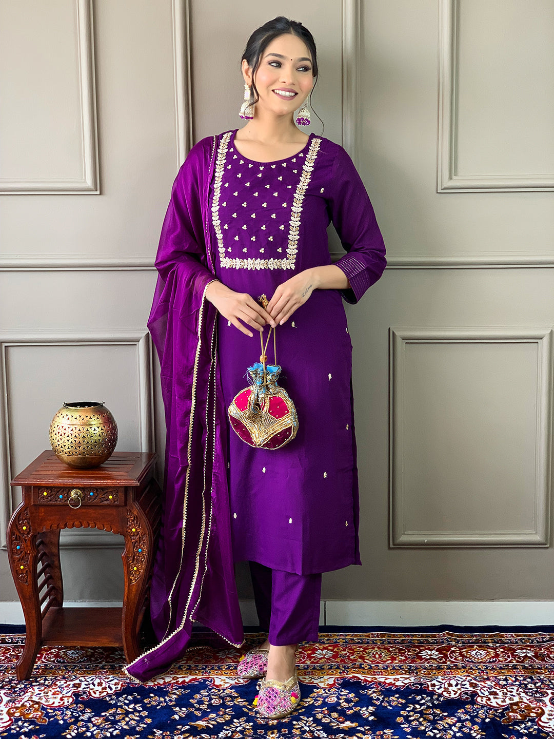 The52 Violet Rayon Slub Fabric Embroidered work Straight cut Kurta, Pant and Dupatta Set - Swadesiicart
