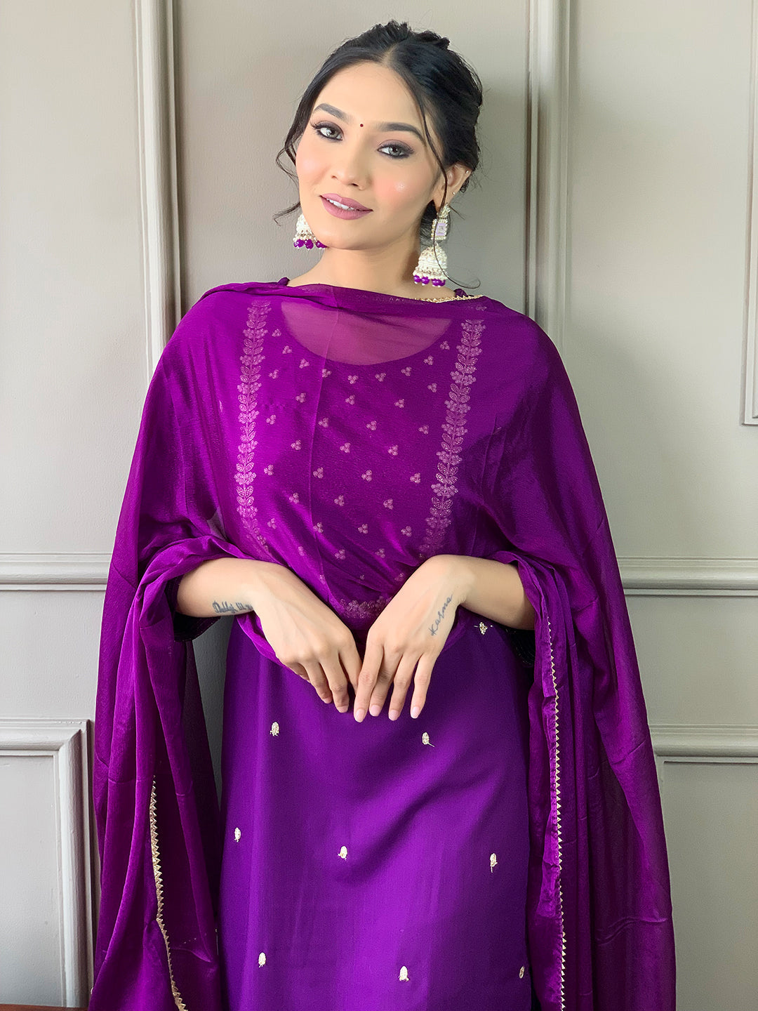The52 Violet Rayon Slub Fabric Embroidered work Straight cut Kurta, Pant and Dupatta Set - Swadesiicart