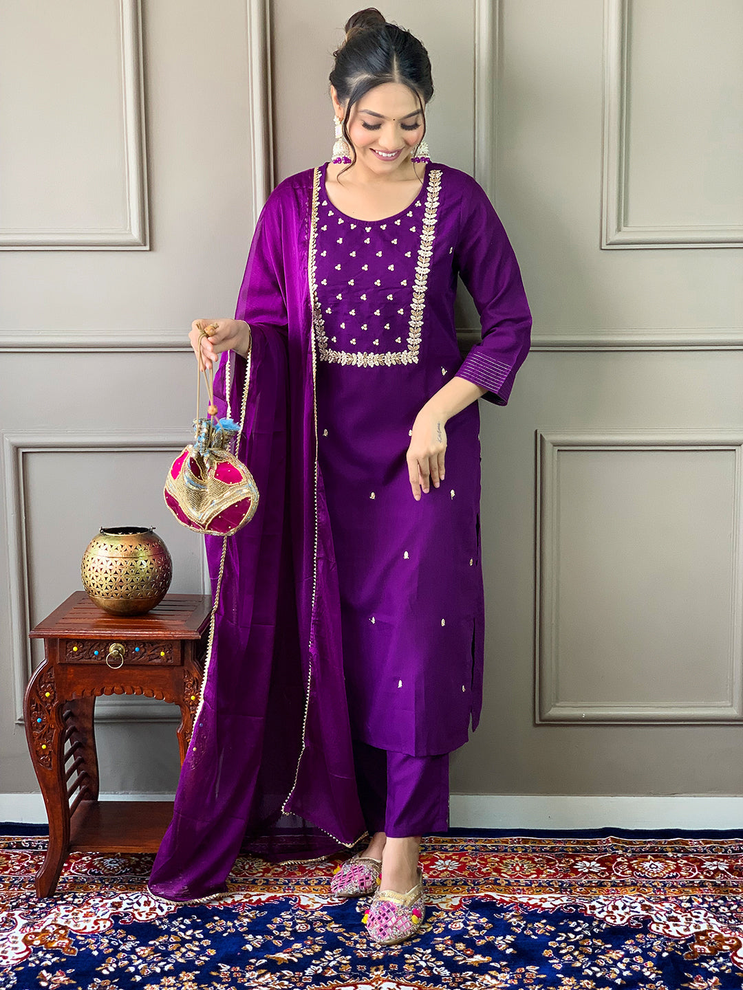 The52 Violet Rayon Slub Fabric Embroidered work Straight cut Kurta, Pant and Dupatta Set - Swadesiicart