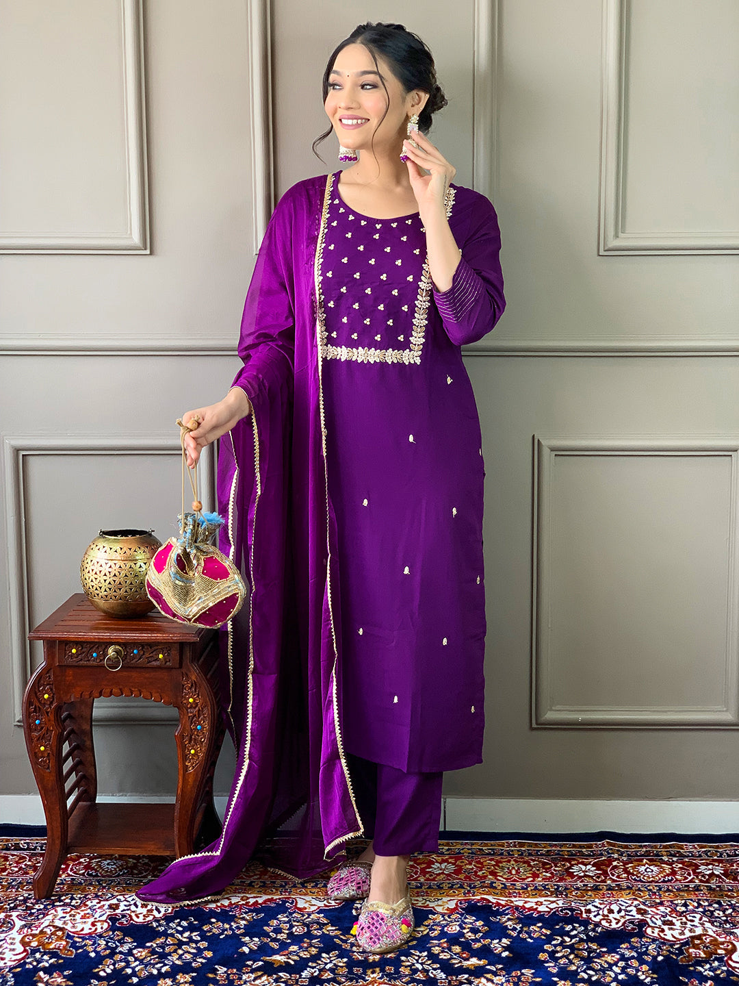 The52 Violet Rayon Slub Fabric Embroidered work Straight cut Kurta, Pant and Dupatta Set - Swadesiicart
