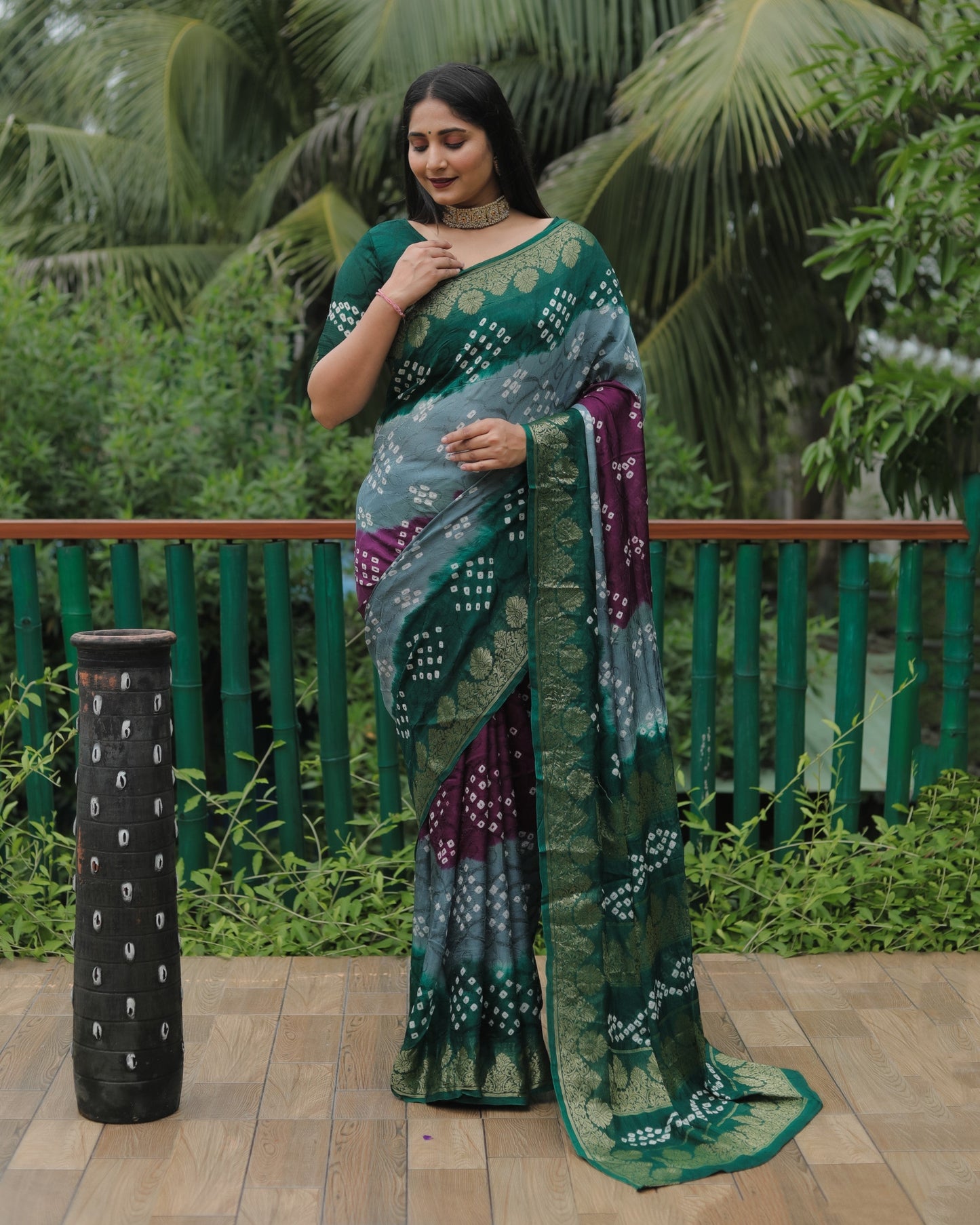 Anaita Grey Woven Design Pure Bandhej Soft Silk Saree