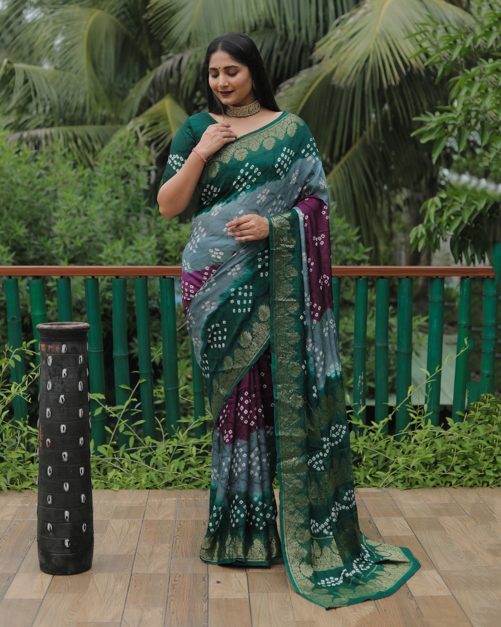 Anaita Grey Woven Design Pure Bandhej Soft Silk Saree