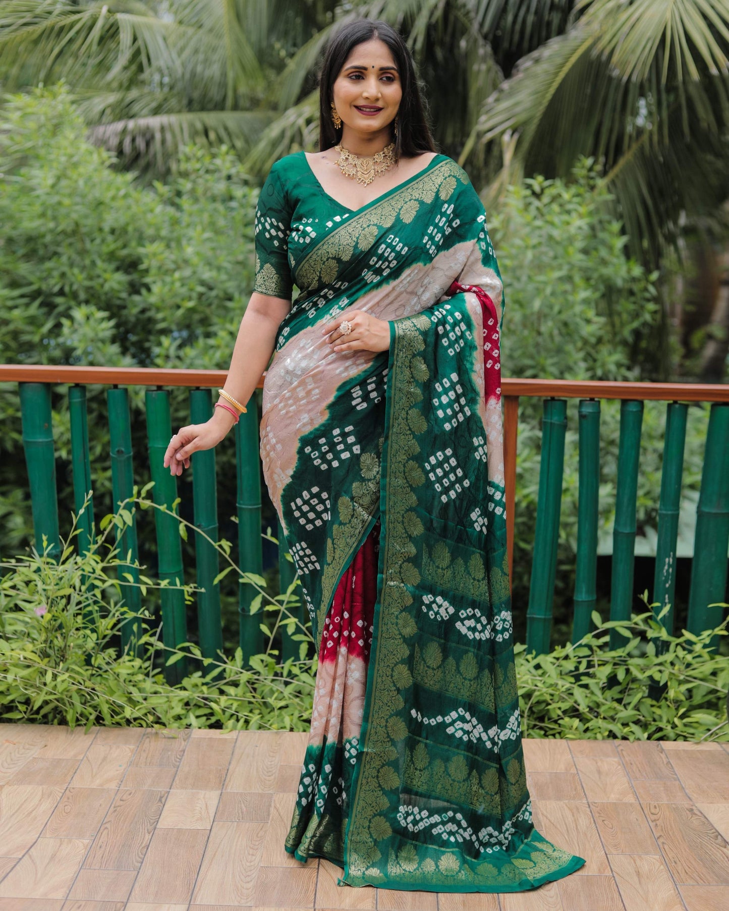 Anaita Light Brown Woven Design Pure Bandhej Soft Silk Saree