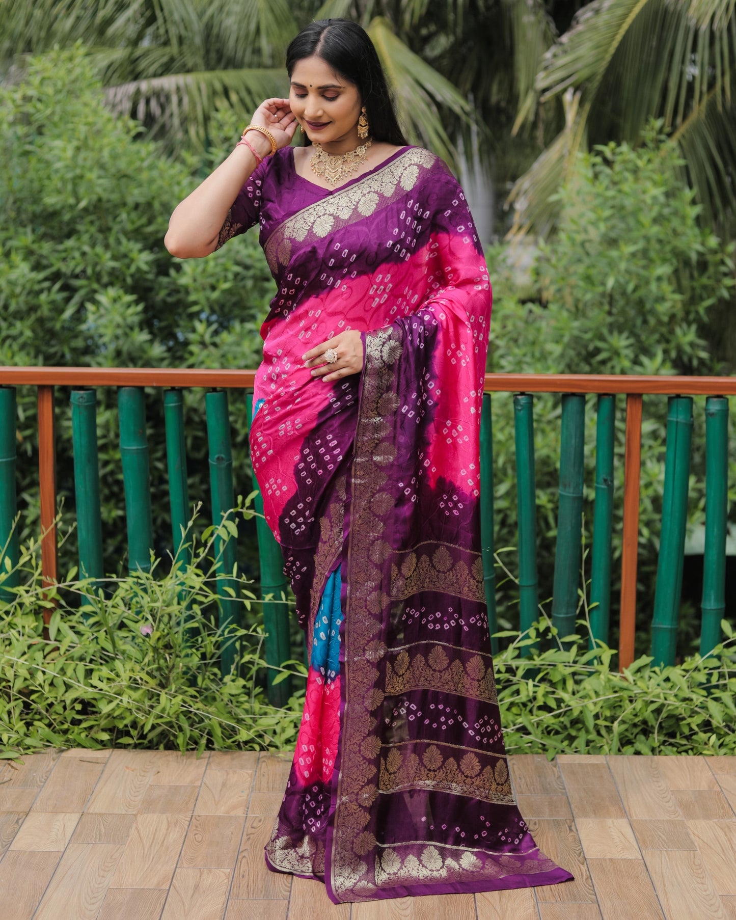 Anaita Pink Woven Design Pure Bandhej Soft Silk Saree