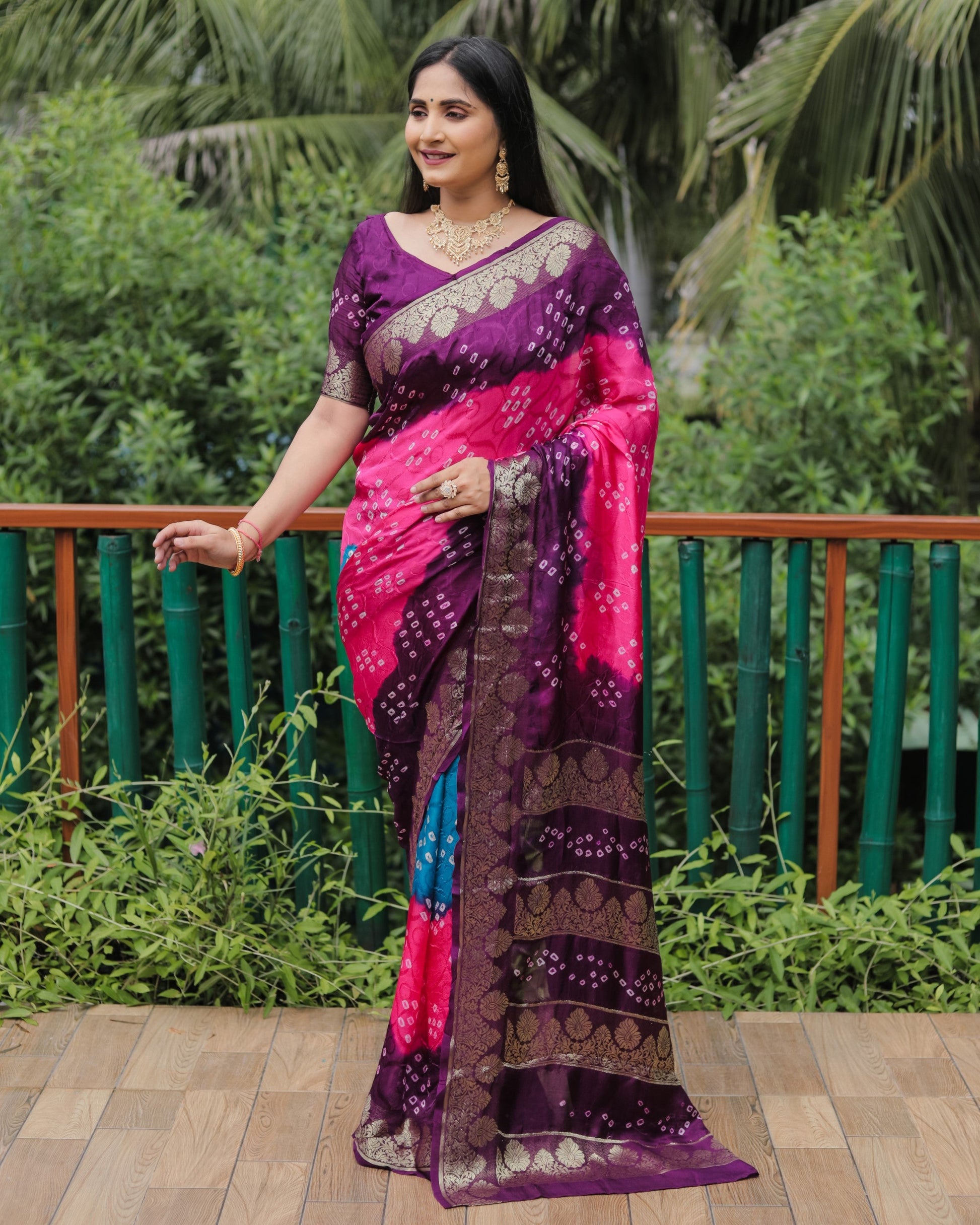Anaita Pink Woven Design Pure Bandhej Soft Silk Saree
