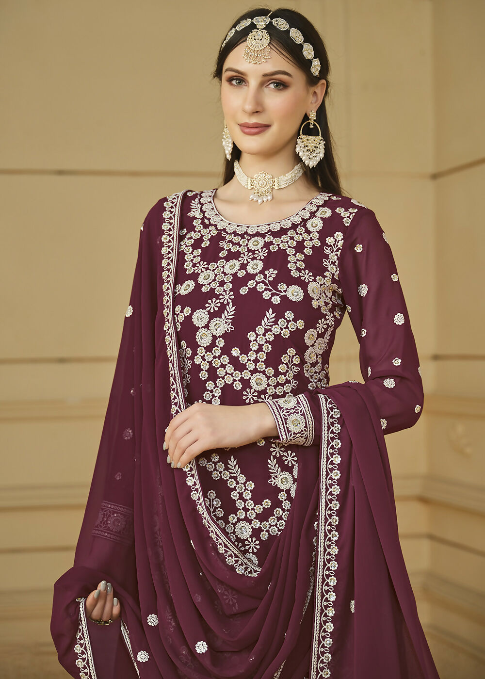 Burgundy Wine Embroidered Georgette Gharara Style Suit - Emponline | Swadesiicart