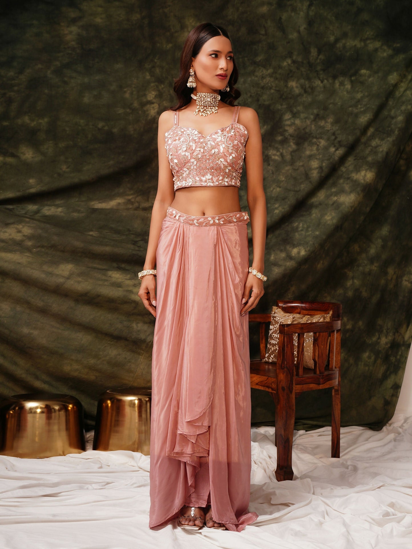 Peach Pure Crepe Handwork Top with Skirt & Shrug - Naomika - Swadesiicart