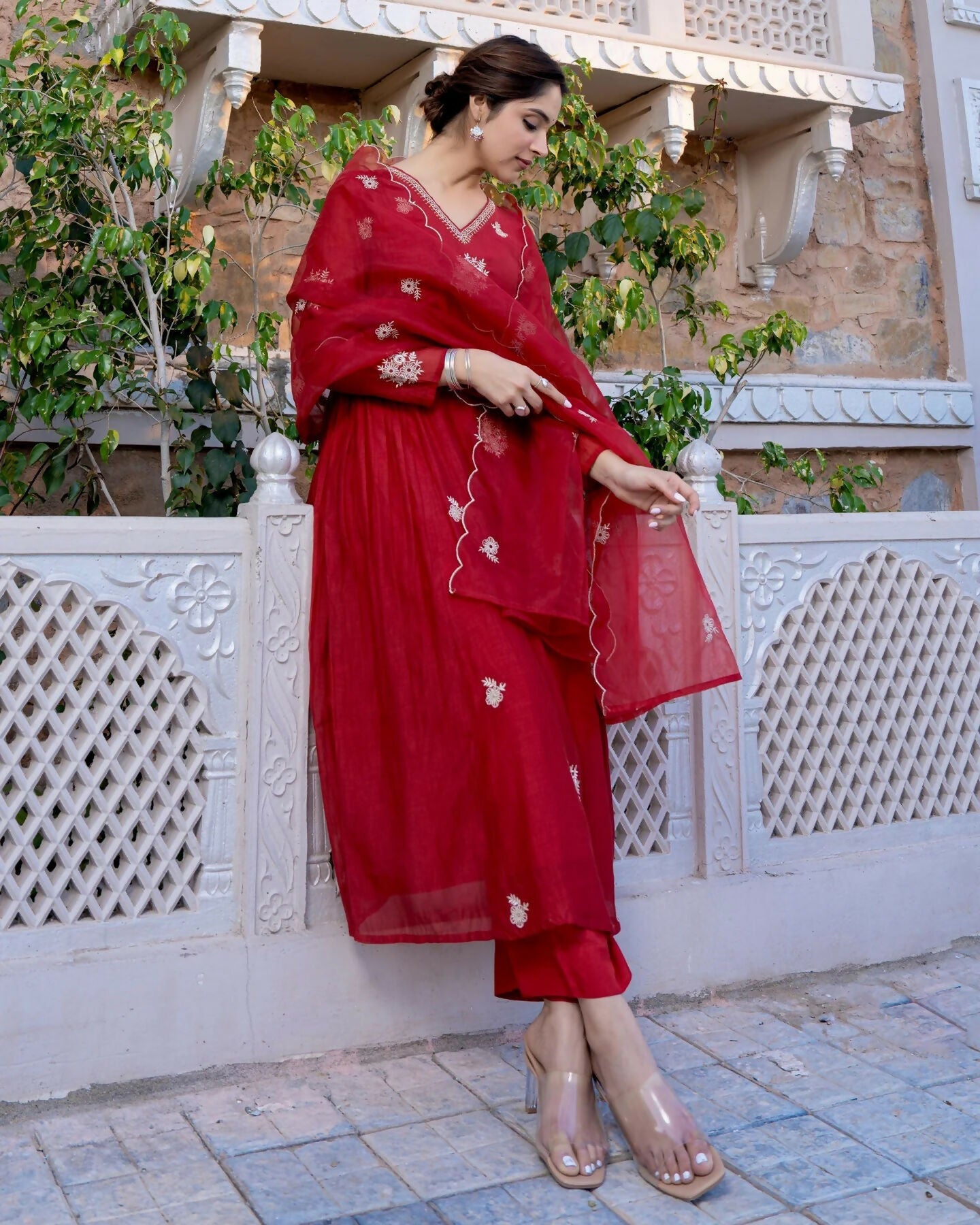 The52 Red Beautiful Embroidered Chanderi Fabric Flared Kurta, Pant and Dupatta Set - Swadesiicart
