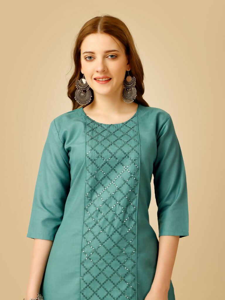 Jyoti Fashion Women's Teal Cotton Blend Embroidered Kurta Pant Set | Swadesiicart