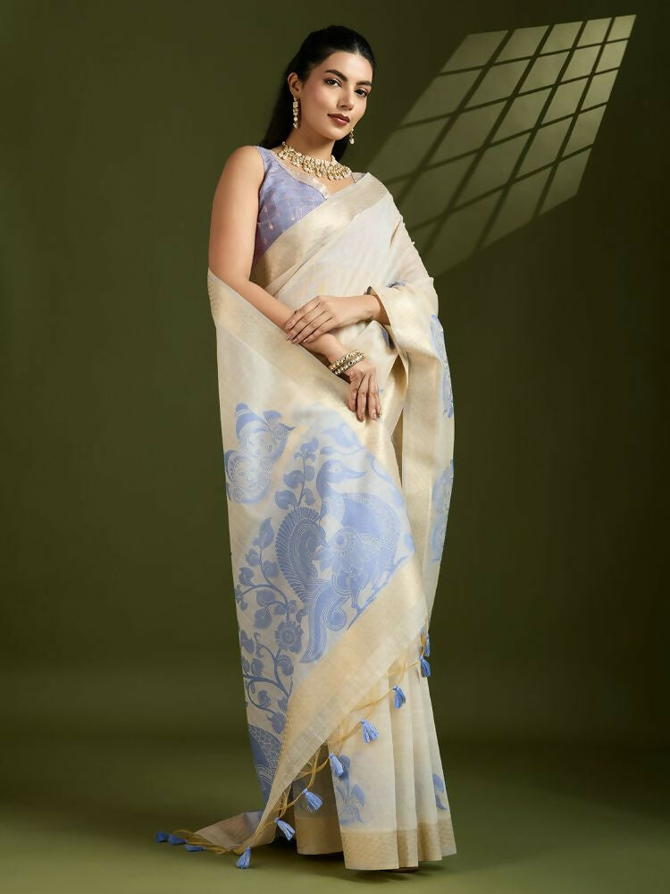 Vishnu Weaves Women's Blue Muga Cotton Thread Woven Saree with Blouse - Swadesiicart