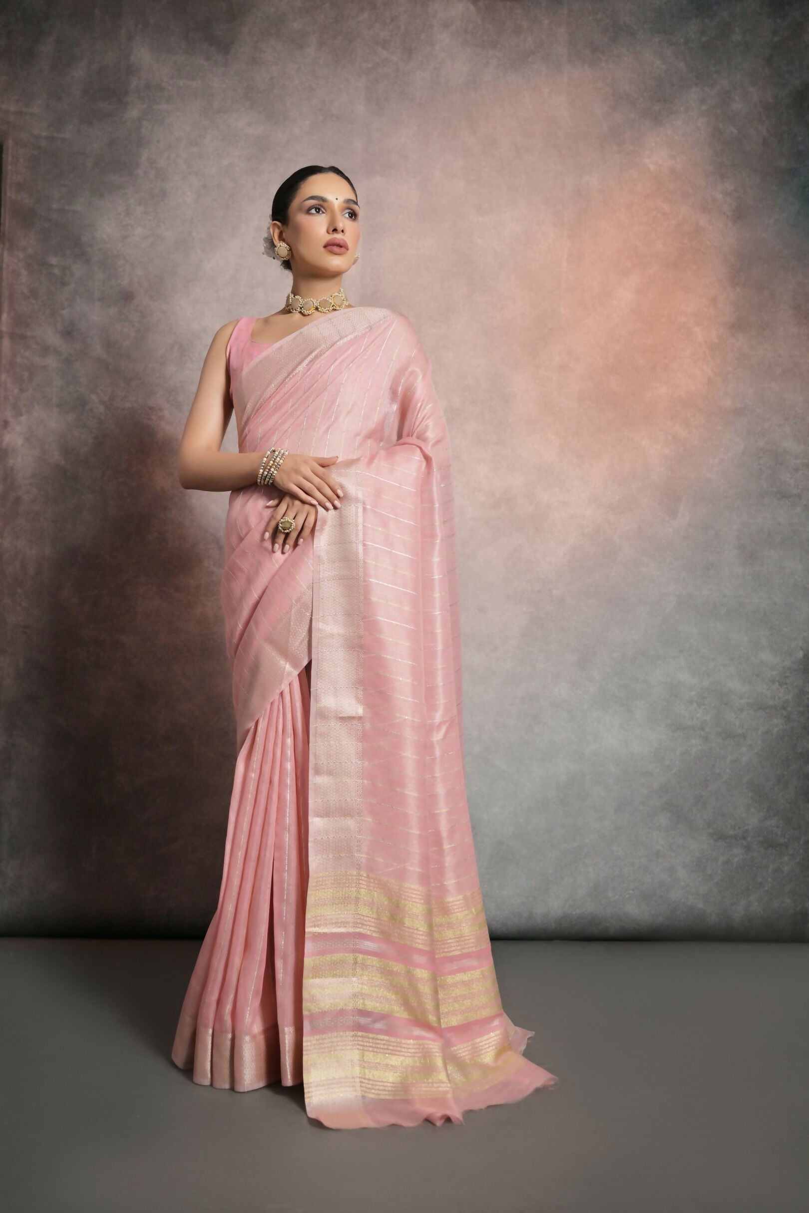 Vishnu Weaves Women's Pink Tissue Linen Zari Woven Saree with Blouse - Swadesiicart