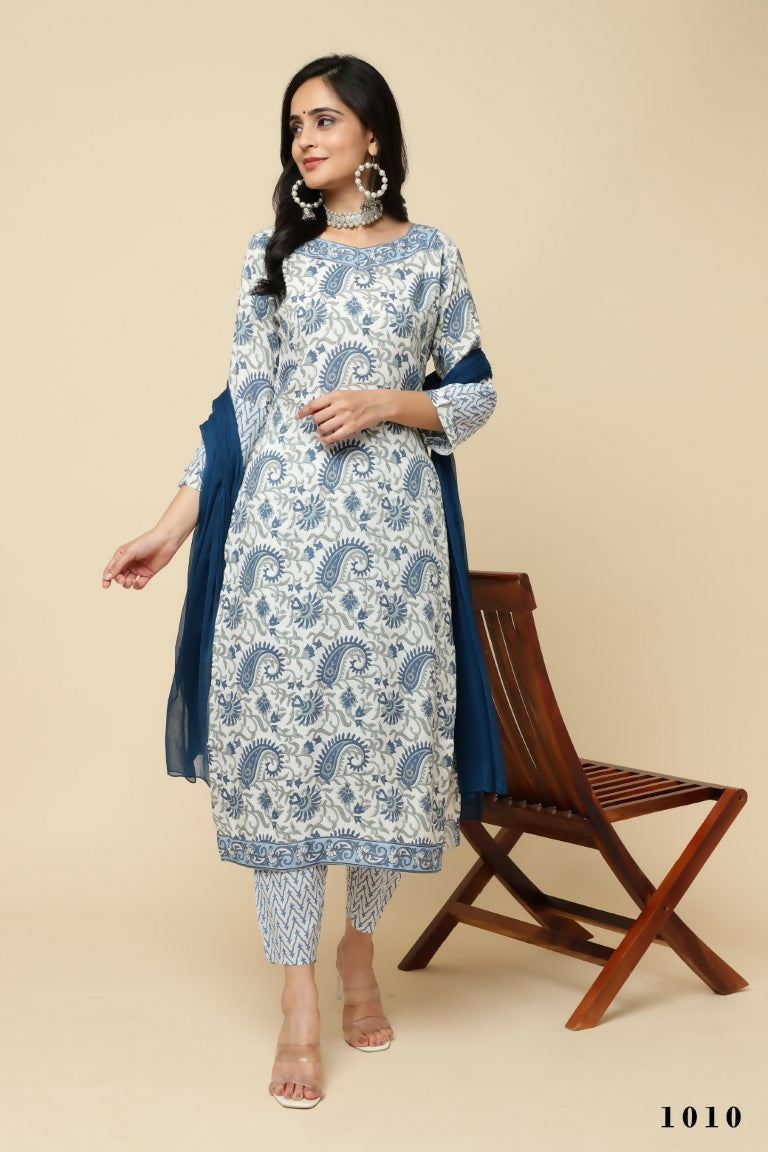 Designer Stylish White Keri cotton Stitched Suit With Dupatta - Tanisha | Swadesiicart