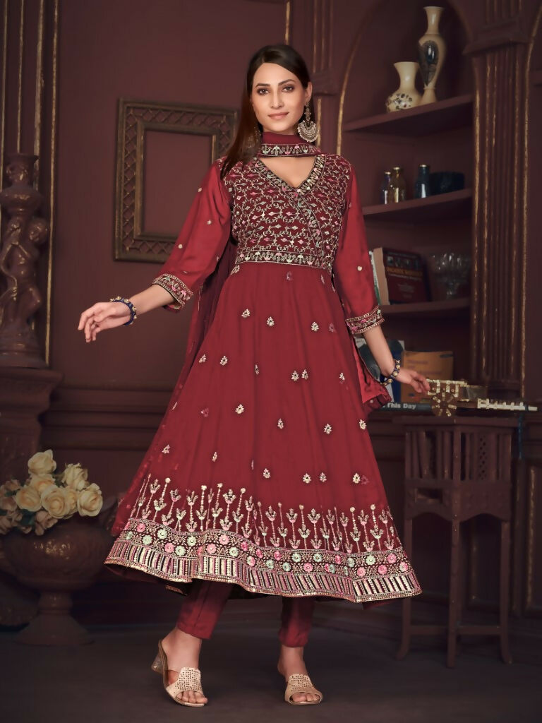 Jyoti Fashion Women's Maroon Georgette Embroidered Anarkali Kurta Pant Set With Dupatta | Swadesiicart