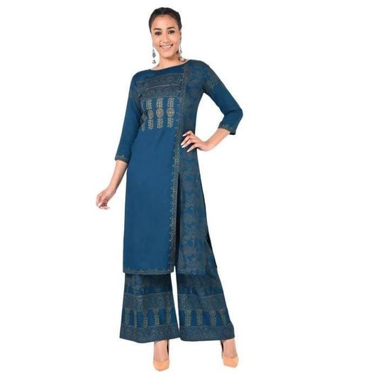 Aniyah Rayon Block Print Front Slit Straight Kurta In Blue Color (AN-167K) - Swadesiicart
